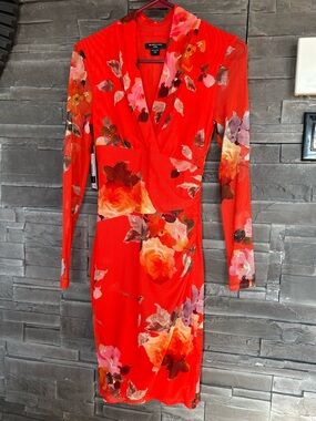 RACHEL Rachel Roy Vibrant Red Floral Wrap-Style Long Sleeve Dress